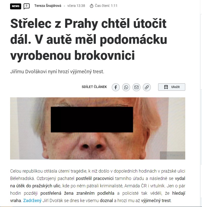 vražda v praze omezení zbraní